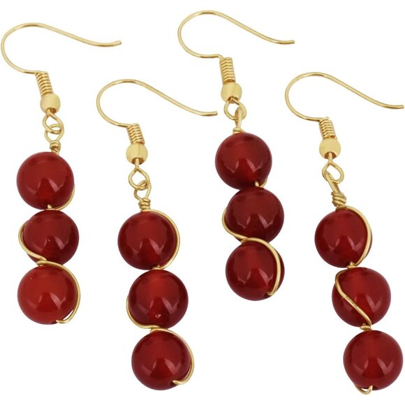 Red Wire Wrapped Triple Ball Beaded Dangle DropTrendy Hook Earrings for Ladies - Picture 3 of 4